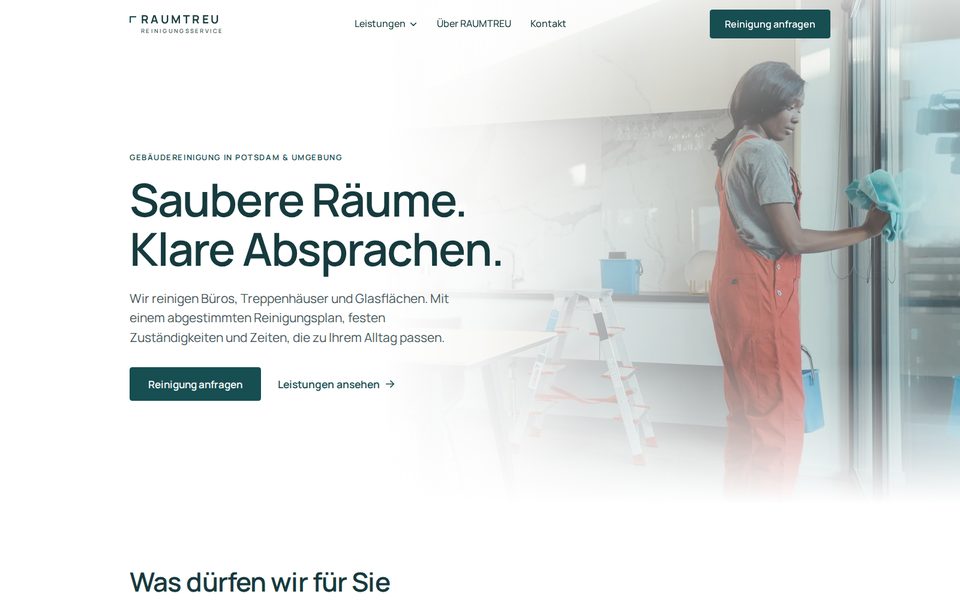 Entwurf der Startseite für RAUMTREU Reinigungsservice