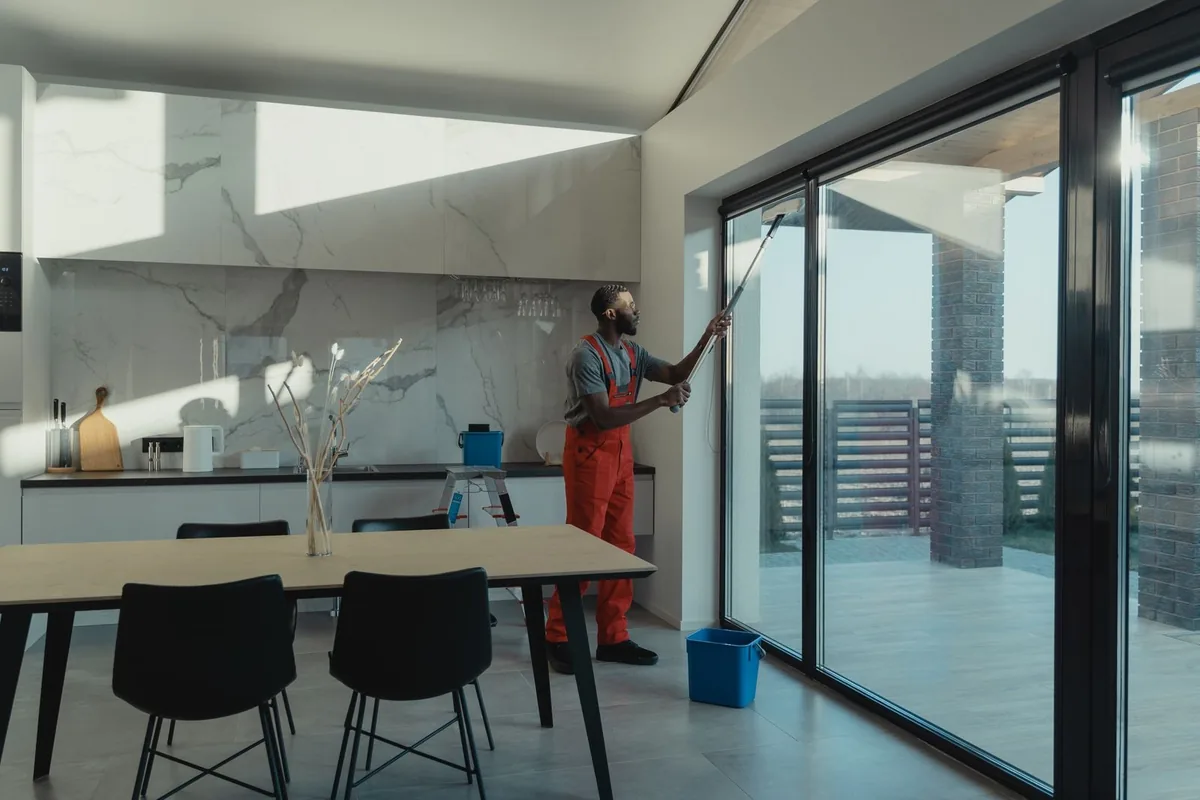 Fensterreinigung mit einem Teleskopgerät an einer großen Glasfront.